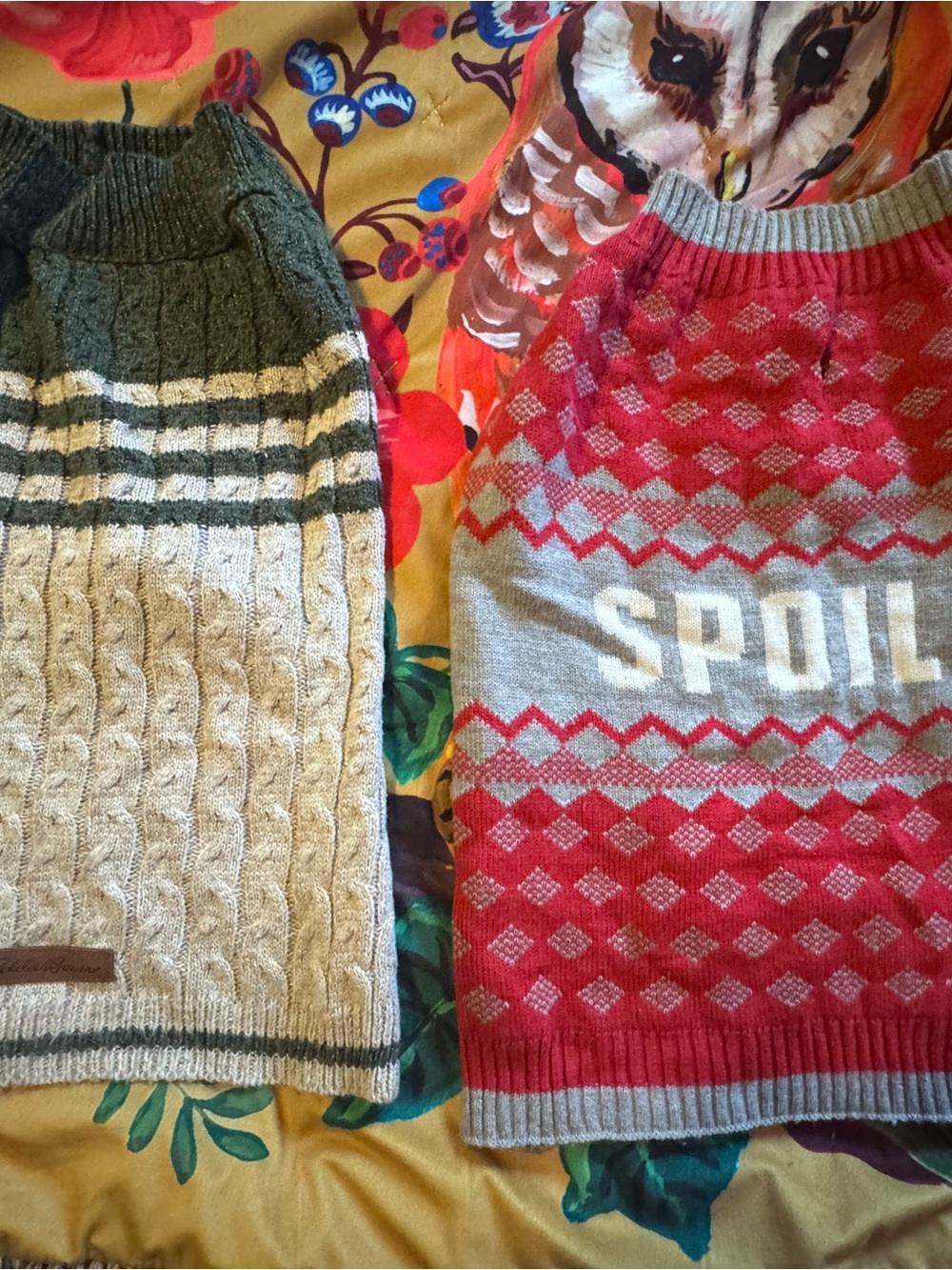 Eddie Bauer Cable Knit Dog Turtleneck Sweaters - Red & Beige sold as pair